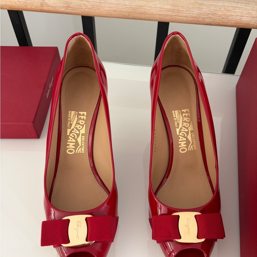 Salvatore Ferragamo Red Patent Pola Bow Pump